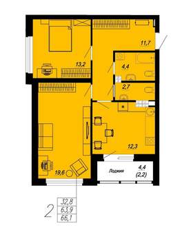 2-к квартира, вторичка, 66м2, 6/24 этаж