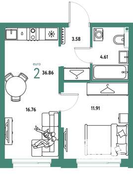 2-к квартира, вторичка, 37м2, 5/24 этаж