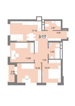 3-к квартира, строящийся дом, 73м2, 5/22 этаж