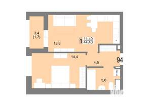 1-к квартира, вторичка, 44м2, 16/25 этаж