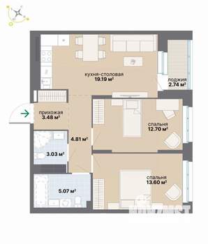 2-к квартира, вторичка, 65м2, 7/9 этаж