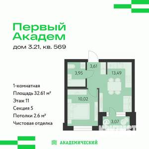 1-к квартира, вторичка, 33м2, 11/25 этаж