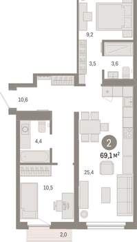 2-к квартира, вторичка, 69м2, 2/9 этаж