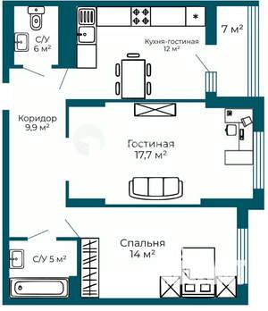 2-к квартира, вторичка, 60м2, 16/23 этаж
