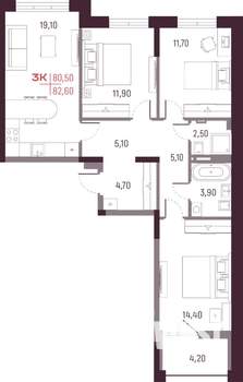 3-к квартира, вторичка, 81м2, 3/25 этаж