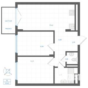 2-к квартира, вторичка, 54м2, 1/4 этаж