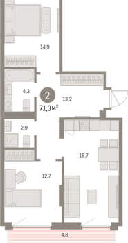 2-к квартира, вторичка, 71м2, 5/9 этаж