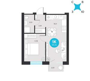 1-к квартира, вторичка, 38м2, 8/22 этаж