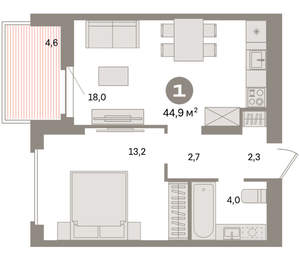 1-к квартира, вторичка, 45м2, 14/16 этаж