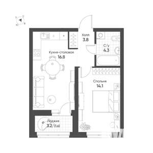 1-к квартира, строящийся дом, 41м2, 8/16 этаж