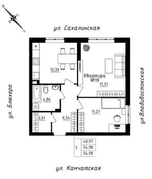 2-к квартира, строящийся дом, 55м2, 2/25 этаж