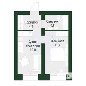 1-к квартира, вторичка, 35м2, 1/4 этаж