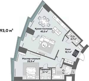 2-к квартира, строящийся дом, 93м2, 39/52 этаж