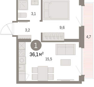 1-к квартира, вторичка, 36м2, 8/9 этаж