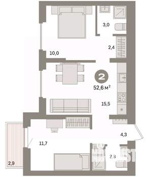 2-к квартира, вторичка, 53м2, 6/9 этаж
