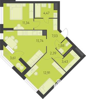 2-к квартира, вторичка, 61м2, 5/16 этаж