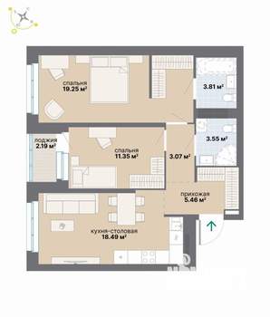 2-к квартира, вторичка, 67м2, 7/9 этаж