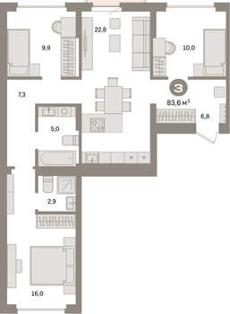 3-к квартира, вторичка, 84м2, 7/9 этаж