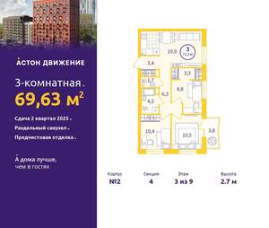 3-к квартира, вторичка, 70м2, 3/9 этаж