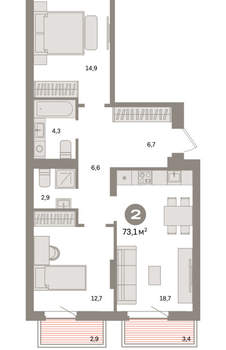 2-к квартира, вторичка, 73м2, 6/9 этаж