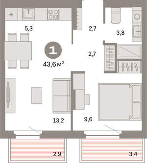 1-к квартира, вторичка, 44м2, 5/16 этаж