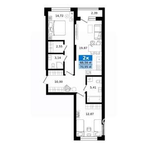 2-к квартира, строящийся дом, 71м2, 20/23 этаж