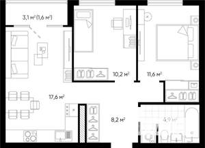 2-к квартира, вторичка, 54м2, 15/24 этаж