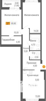 3-к квартира, строящийся дом, 70м2, 3/25 этаж