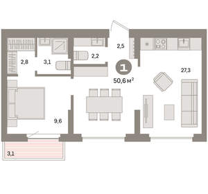 1-к квартира, вторичка, 51м2, 9/9 этаж