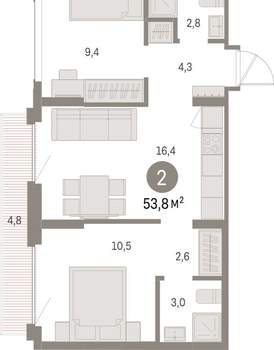 2-к квартира, вторичка, 54м2, 7/9 этаж