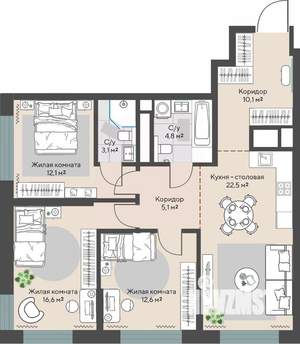 3-к квартира, строящийся дом, 87м2, 19/30 этаж