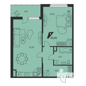 1-к квартира, вторичка, 51м2, 7/25 этаж