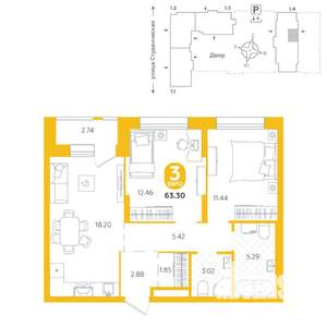 3-к квартира, строящийся дом, 63м2, 4/25 этаж