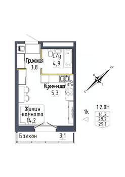 1-к квартира, строящийся дом, 29м2, 2/9 этаж