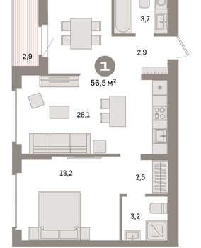 1-к квартира, вторичка, 57м2, 9/9 этаж