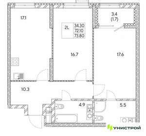 2-к квартира, вторичка, 74м2, 8/30 этаж