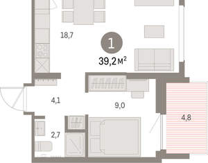1-к квартира, вторичка, 39м2, 8/9 этаж