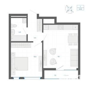 1-к квартира, вторичка, 43м2, 8/15 этаж
