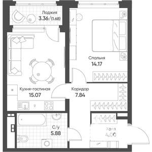 1-к квартира, строящийся дом, 48м2, 13/16 этаж