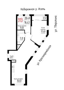 2-к квартира, строящийся дом, 76м2, 16/25 этаж