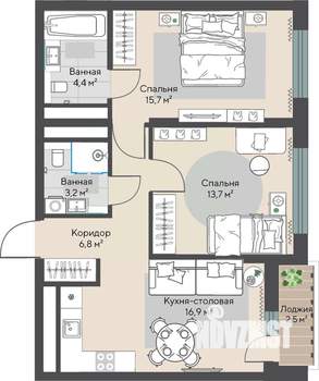 2-к квартира, строящийся дом, 62м2, 3/22 этаж