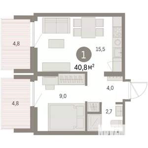 1-к квартира, вторичка, 41м2, 7/9 этаж