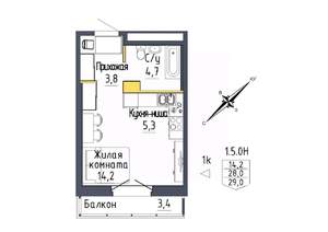 1-к квартира, строящийся дом, 29м2, 4/9 этаж