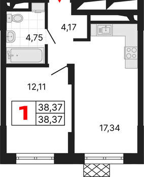 1-к квартира, вторичка, 38м2, 7/25 этаж