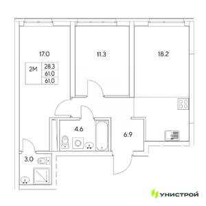 2-к квартира, вторичка, 61м2, 2/31 этаж