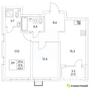 2-к квартира, вторичка, 63м2, 12/31 этаж