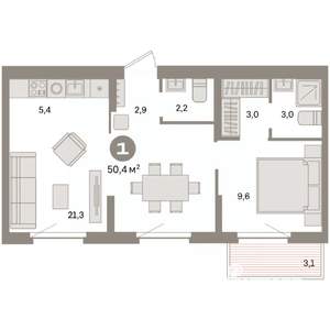 1-к квартира, вторичка, 50м2, 9/9 этаж