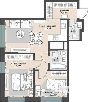 2-к квартира, строящийся дом, 63м2, 15/29 этаж