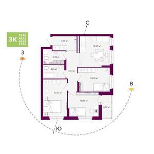 3-к квартира, строящийся дом, 66м2, 15/20 этаж