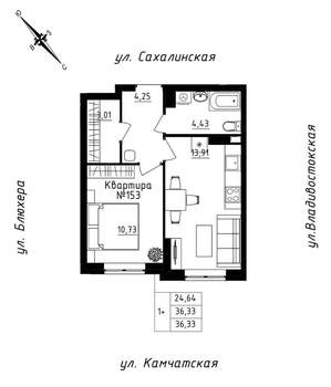 1-к квартира, строящийся дом, 36м2, 13/25 этаж